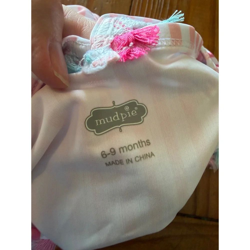 Mud Pie Baby Girl Mermaid One Piece Swimsuit Pink Striped Tassel 6-9 Months